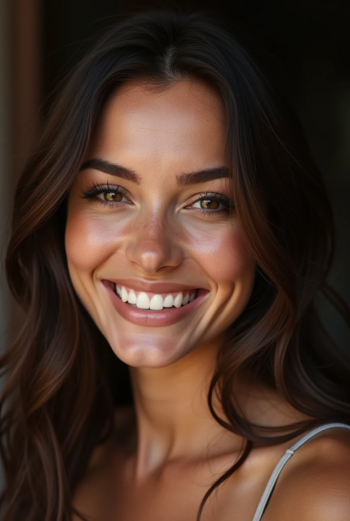 beautiful lady, slight freckles, dark makeup, brown, big smile,hyperdetailed photography, soft light, full head and shoulders portrait, cover