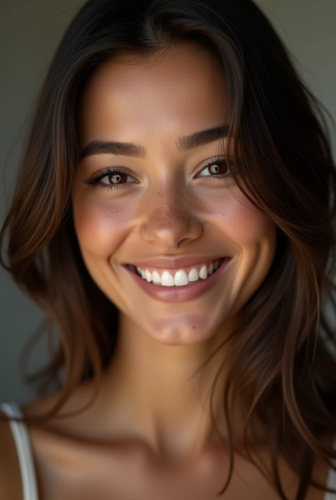 beautiful lady, slight freckles, dark makeup, brown, big smile,hyperdetailed photography, soft light, full head and shoulders portrait, cover
