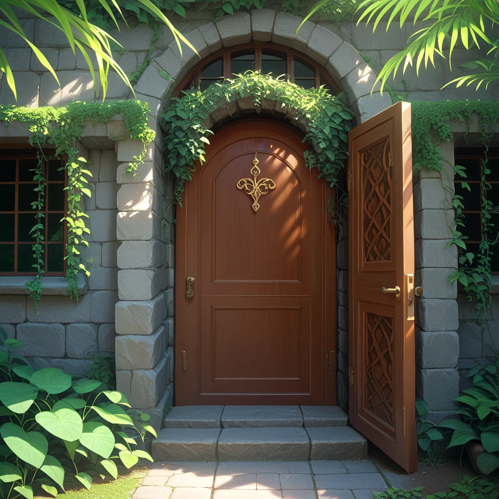 ((masterpiece),(best quality),(extremely detailed)), outside, house entrance, door behind, beautiful detailed architecture, intricate design, ornate details, grand entryway, stone facade, weathered wood door, sunlight streaming through, lush greenery, peaceful atmosphere, classic european style, cinematic lighting, dramatic shadows, warm color tones, photorealistic