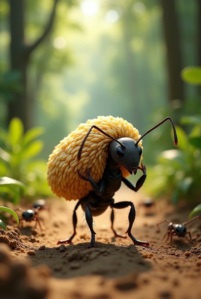 Andy the Ant Working Hard:**
- "A close-up view of a small, determined ant named Andy carrying a large grain of rice on his back. The background shows a lush green forest with tall trees, sunlight filtering through the leaves, and other small insects going about their work. The ant is on a dirt path leading to a well-constructed anthill, which is partially visible in the distance."