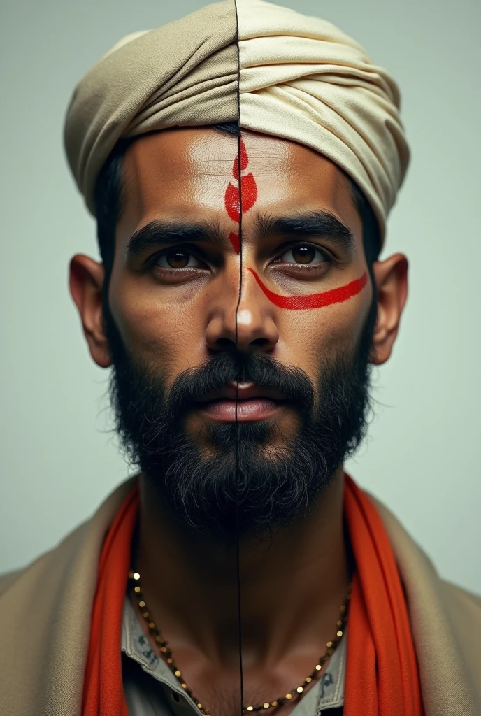 Image of a man one part muslim wearing cap and other half hindu