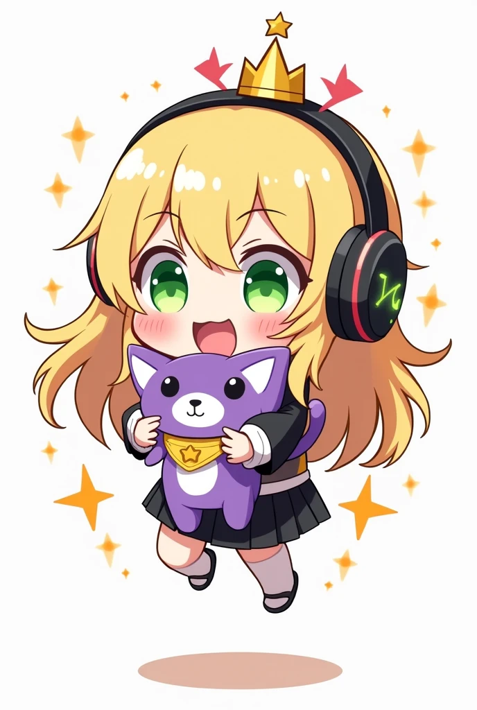 CHIBI BLONDE AUX CHEVEUX LONG AUX YEUX VERT QUI EST BEAUCOUP TROP CONTENTE ET QUI SAUTE DE JOIE ET QUI AS UN CASQUE GAMING SUR LA TETE ET QUI PORTE DANS SES MAINS UNE PELUCHE D UN PETIT CHAT VIOLET AVEC DES SUPER POUVOIRS QUI AS SUR LA TETE UNE COURONNE DORE LE DESSIN DOIT ETRE EN MODE DESSIN