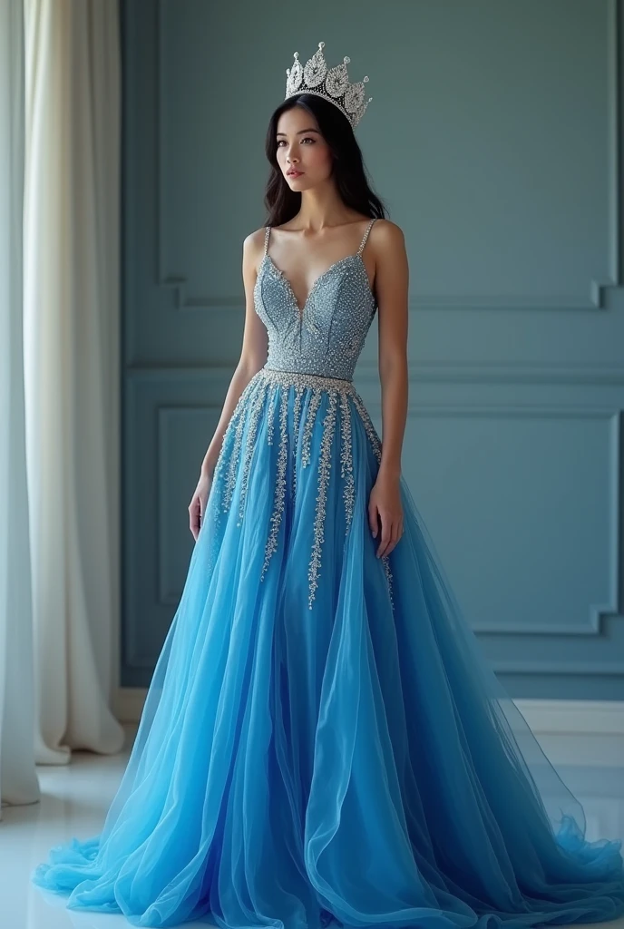 Create a shoot of Miss World Indonesia with her crown in blue gown