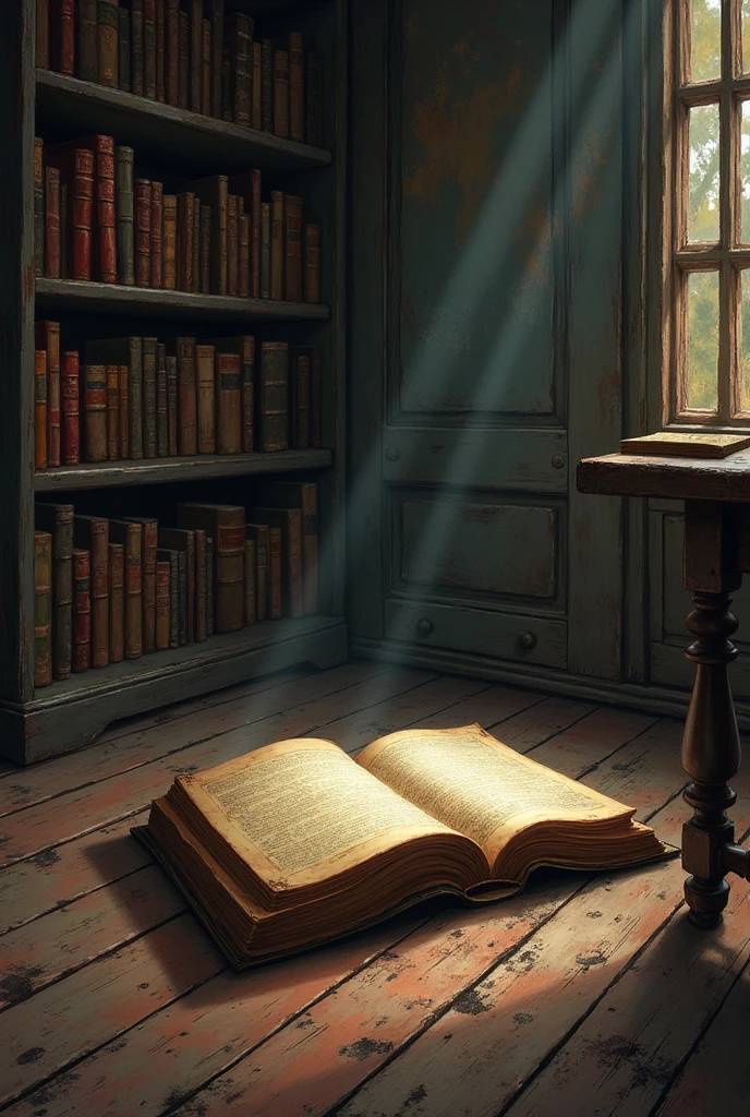 An old room with a wall of bookcases and an old notebook on the floor