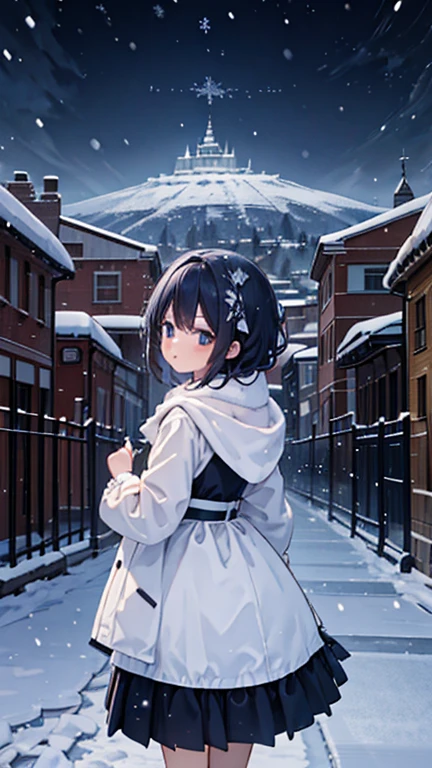 best quality,(Snowing Town:1.2), high quality, ultra quality, 8k, masterpiece, detailed, extremely detailed, insanely detailed, ultra detailed, ultra highres ,exquisite, Snow Scenery, A woman is looking back,