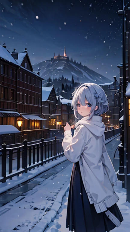 best quality,(Snowing Town:1.2), high quality, ultra quality, 8k, masterpiece, detailed, extremely detailed, insanely detailed, ultra detailed, ultra highres ,exquisite, Snow Scenery, A woman is looking back,