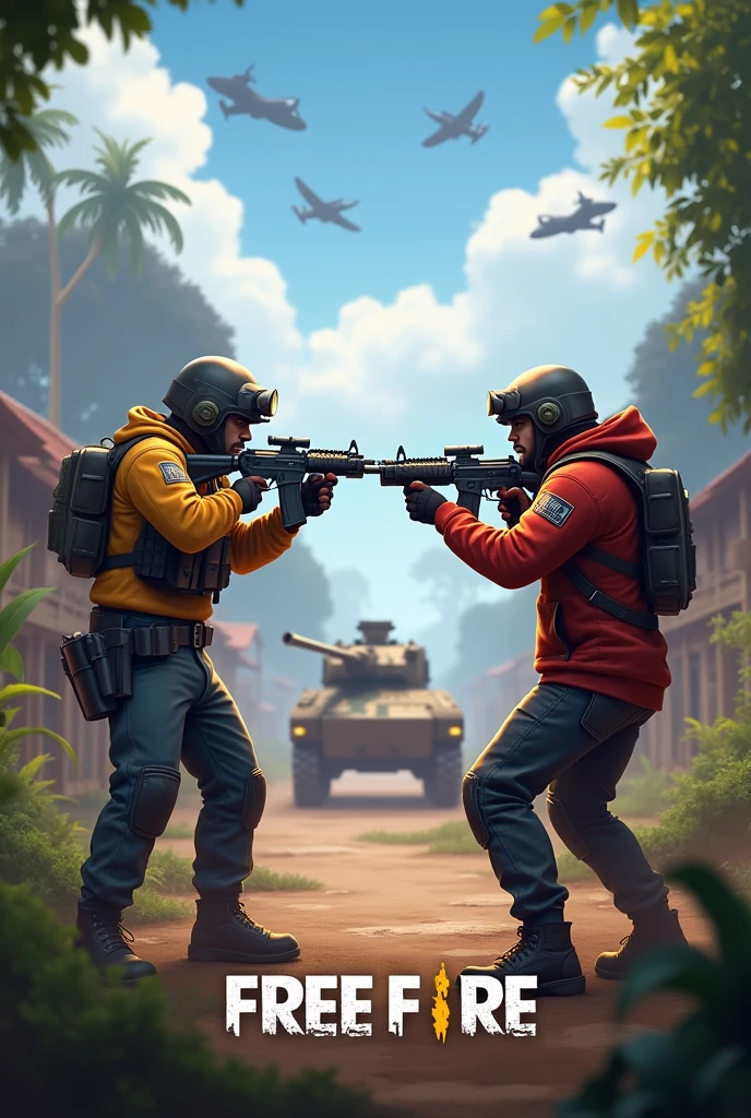 Free fire game player vs player with war background and make 2 man like game characters
with guns in thier hand seeing each other write at bottom of the player BB ABBU AND BB CLON IN TEXT add plants and tanks plans in background youtube thumbnail for 4 million + views
