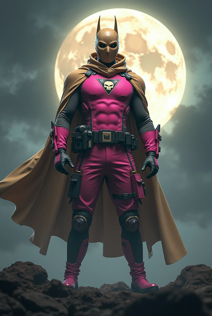 high-tech suit, vivid effects, malaysian superhero (KELUANG MAN) in a striking pink and beige costume cyberpunk design, mask small mini bat ear beige, daredevil biage mask, jumpsuit dark pink stands confidently in a dramatic, stormy landscape. ((Head covered node guard like batman , small mini ear bat mask))The character wears domino mask a helmet with pointed mini torn ears and a flowing cape biege, open nose and mouth. Equipped with visible futuristic weapons on a belt, dark day, dark night, big supermoon effect .logo on chest triangle shape small punisher logo center triangle cyber logo center on chest pink logo . rocky. Building top.loose pant cargo pant pink , adding to --ar 3:4 --style raw --stylize 500 --v 6.1