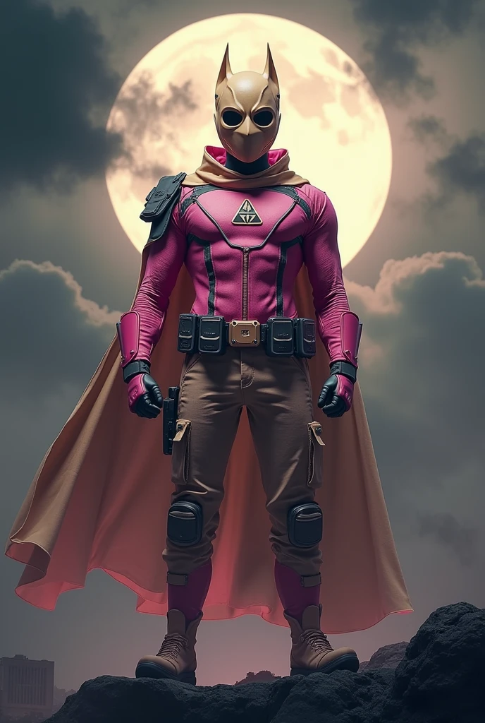 high-tech suit, vivid effects, malaysian superhero (KELUANG MAN) in a striking pink and beige costume cyberpunk design, mask small mini bat ear beige, daredevil biage mask, jumpsuit dark pink stands confidently in a dramatic, stormy landscape. ((Head covered node guard like batman , small mini ear bat mask))The character wears domino mask a helmet with pointed mini torn ears and a flowing cape biege, open nose and mouth. Equipped with visible futuristic weapons on a belt, dark day, dark night, big supermoon effect .logo on chest triangle shape small punisher logo center triangle cyber logo center on chest pink logo . rocky. Building top.loose pant cargo pant pink , adding to --ar 3:4 --style raw --stylize 500 --v 6.1