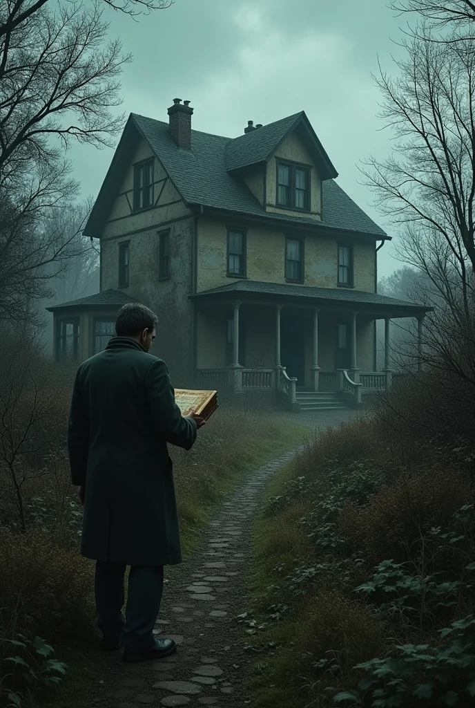 A man searching for an abandoned house , looking for clues. holding an ancient book