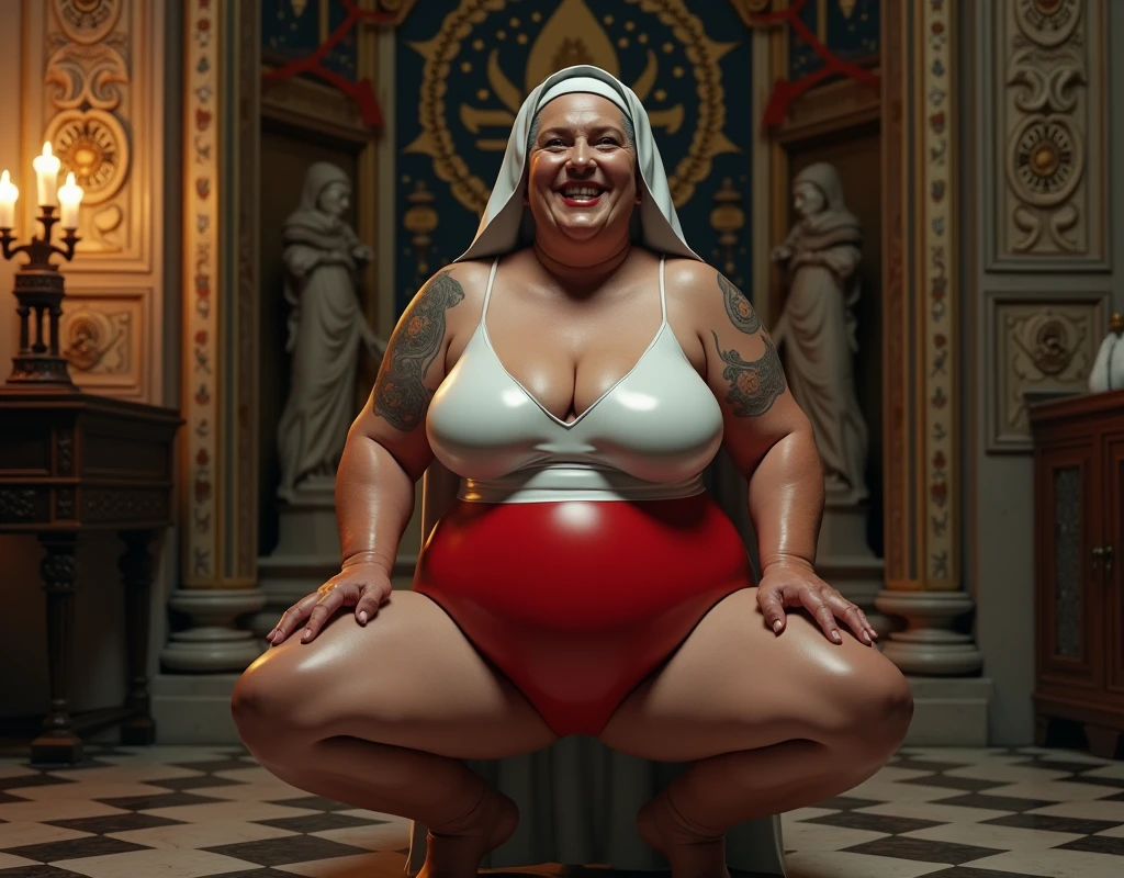 elderly 80yo woman on an old churche, dressed as a latex nun , white red latex bikiny, a joking smile, marble statue, plump, dark octane render, candle lamp lighting, baroque, european, mandala, side view from below, anatomically correct, big full breasts, look at horny,in a squat, legs spread wide apart, muscle body, super detailed.