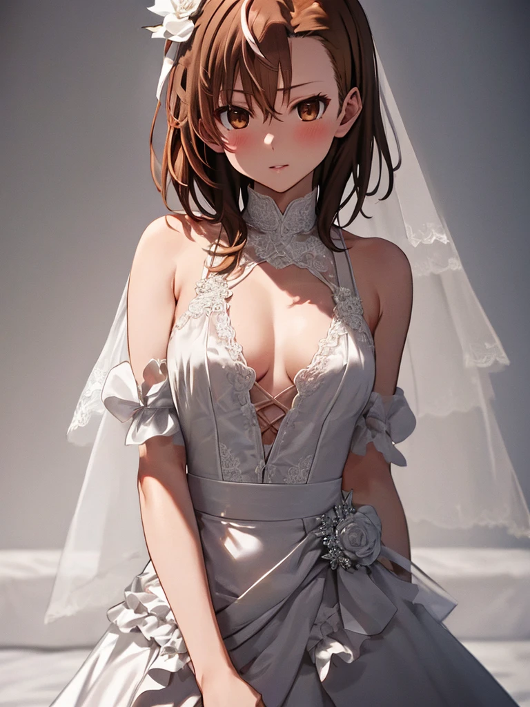 (Misaka Mikoto), beautiful girl, cute, wedding ring, (flat chest), uhd, retina, masterpiece, accurate, anatomically correct, textured skin, super detail, high details, high quality, best quality, highres, 8k