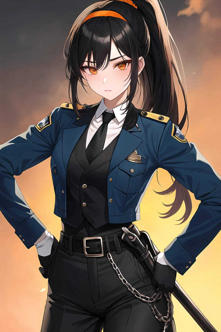 orange highlights, zhu yuan, orange eyes, black hair, long hair, streaked hair, ponytail metal hairband, police uniform, blue jacket, cropped jacket, long sleeves, black vest, two-tone vest, black gloves, green necktie, plaid necktie, black pants, high-waist pants, belt, thigh straps, knee pads, holster, tight pants, multicolor hair