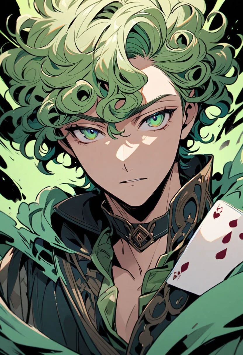 male, solo, handsome, curly hair, short hair, green hair, green eyes, beautiful color, main face, poker-faced