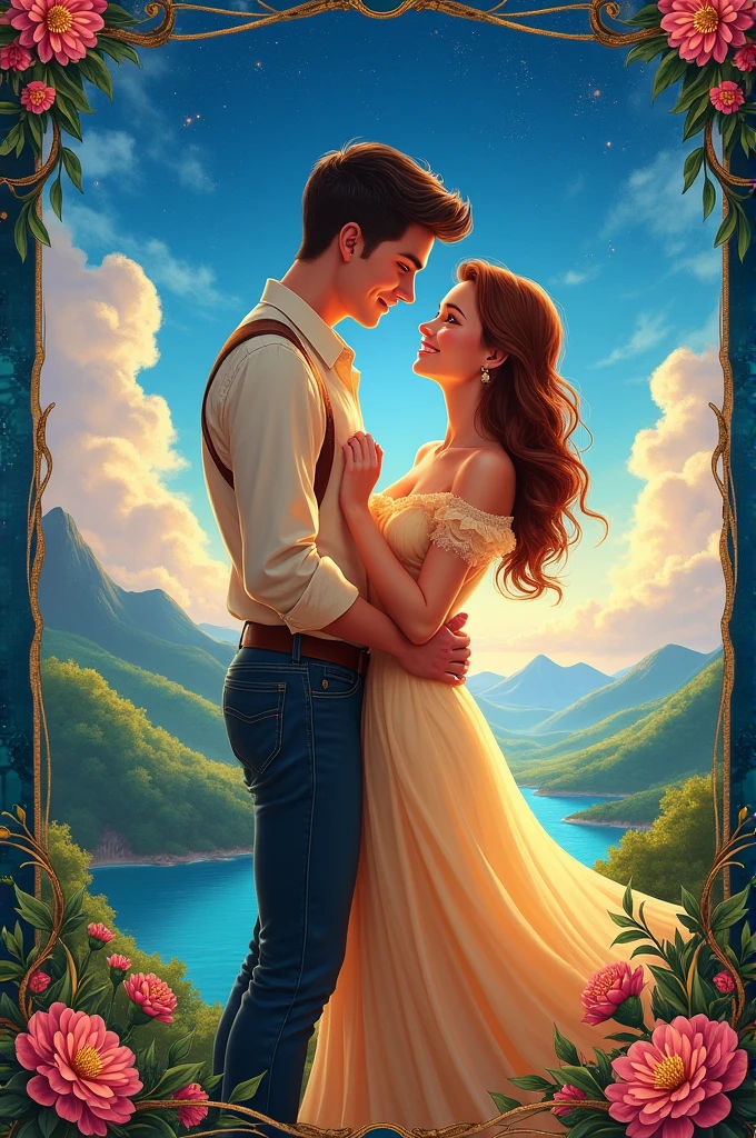Disney-style movie poster of a couple in love hugging each other