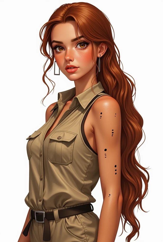Create a hyper-realistic illustration of a young woman, skin tanned, marked dashes, eyes browns, and long hair, well combed back and coppery brown color, safari outfit, white background, character sheet