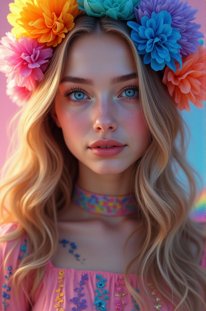 White girl with blue eyes, long hair and 100% colorful rainbow style