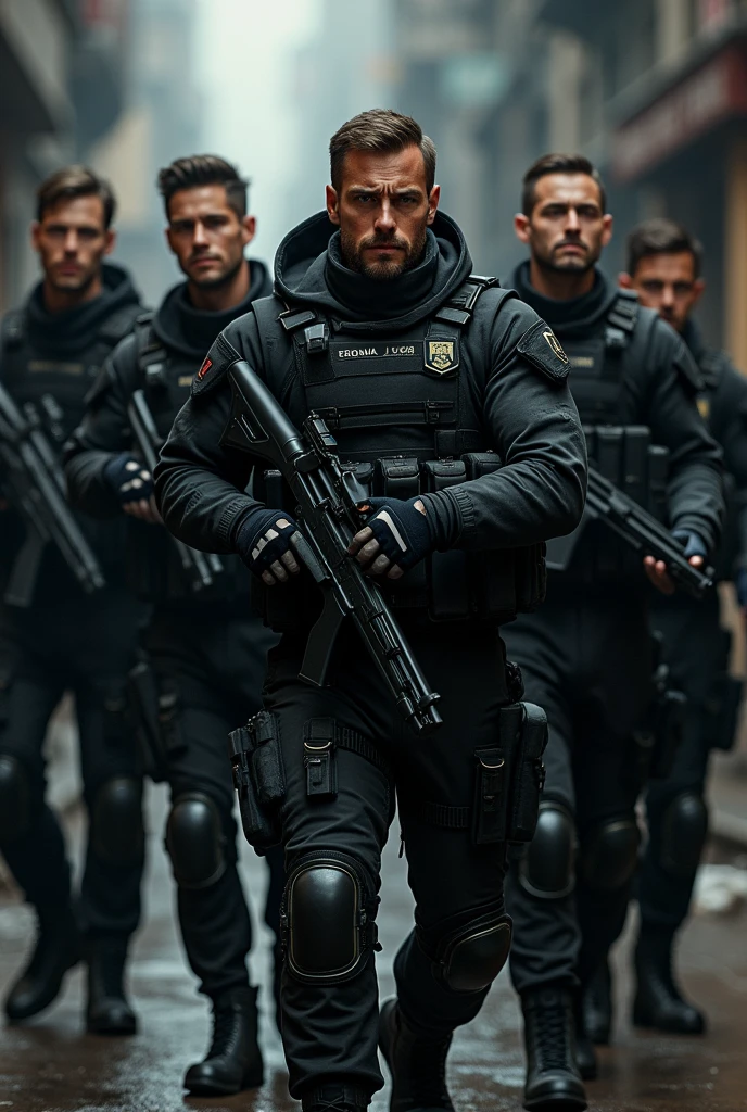 Create a group of 5 men, Handsome, muscular, thin, each dressed in a well-equipped black combat suit