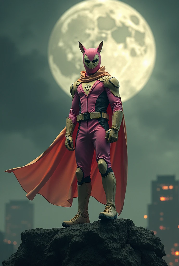 high-tech suit, vivid effects, malaysian superhero (KELUANG MAN) in a striking pink and beige costume cyberpunk design, mask small mini bat ear beige, daredevil biage mask, jumpsuit dark pink stands confidently in a dramatic, stormy landscape. ((Head covered node guard like batman , small mini ear bat mask))The character wears domino mask a helmet with pointed mini torn ears and a flowing cape biege, open nose and mouth. Equipped with visible futuristic weapons on a belt, dark day, dark night, big supermoon effect .logo on chest triangle shape small punisher logo center triangle cyber logo center on chest pink logo . rocky. Building top. , adding to --ar 3:4 --style raw --stylize 500 --v 6.1