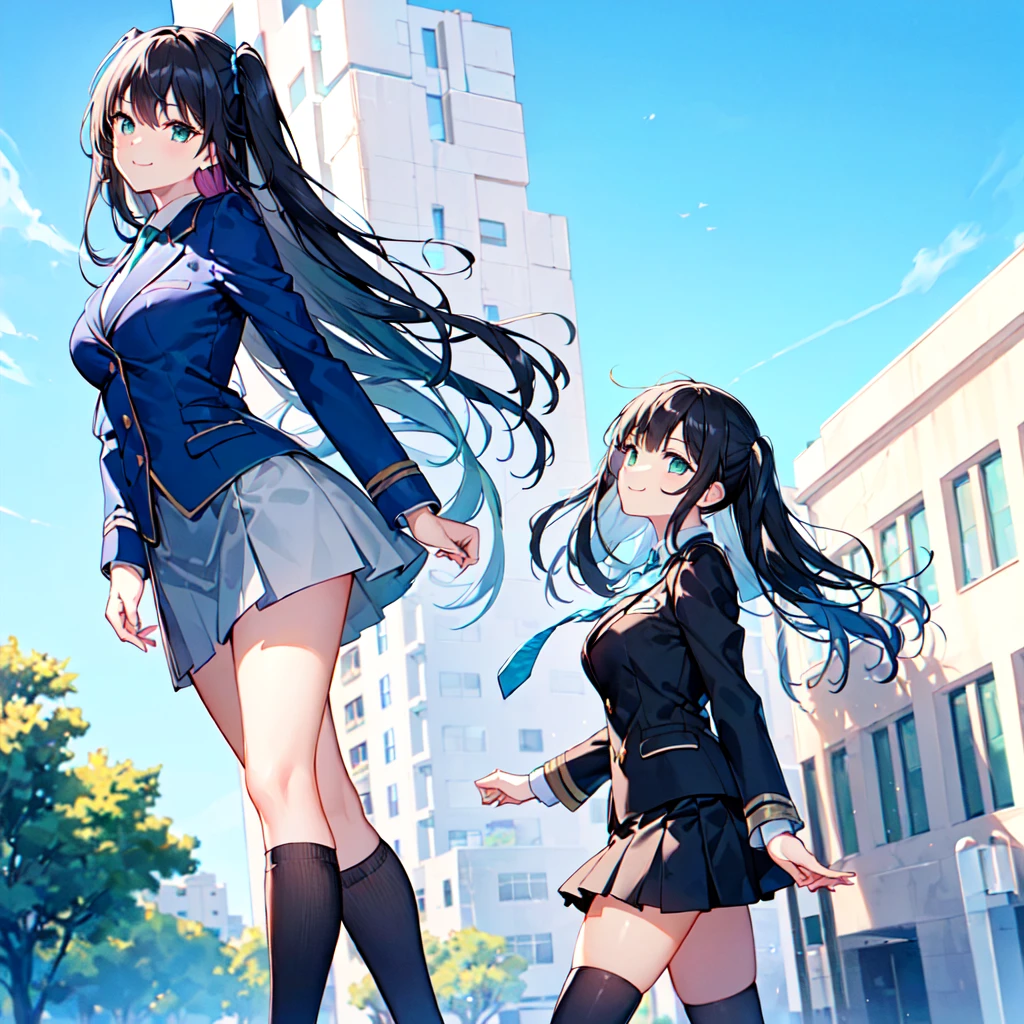masterpiece, best quality, high quality, extremely detailed, very delicate and beautiful, (1female 1 adult solo:1.5), (long black hair with two side up:1.5), bangs to eyebrows, eyes sharp and bright (eye color magenta:1.3), 6.5 head height, (clothes navy blue uniform blazer and gray uniform skirt and tie blue-green and black knee socks:1.3), lace, (standing), ( walking :1.3),(dynamic pose), (smiling), (background School building:1.3), ( Blue sky:1.3)