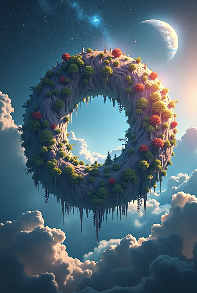 A highly detailed, beautifully rendered painting of a doughnut-shaped planet, hyperrealistic, photorealistic, 8K resolution, intricate details, vibrant colors, dramatic lighting, celestial background, glowing atmosphere, floating islands, lush forests, winding rivers, serene oceans, majestic mountains, dynamic clouds, awe-inspiring scale, cinematic composition, digital art, concept art