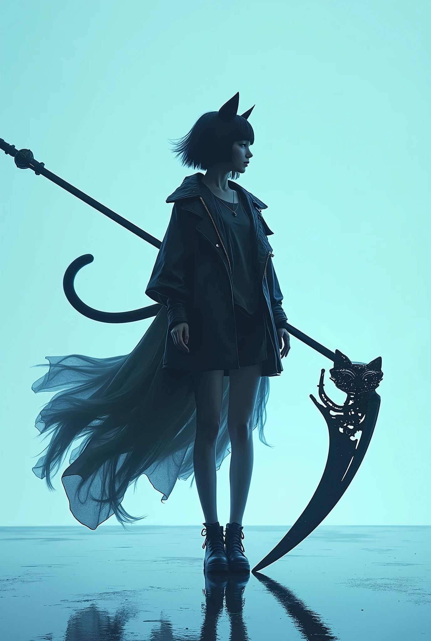 Detailed silhouette of a cyberpunk girl with cat ears and a tail, Bob Cut Hair, Flowing, Tattered coat, He carries a giant scythe with a mechanical cat design.., Stand on the glossy, Minimalist Reflective Surface, Soft Blue Background.