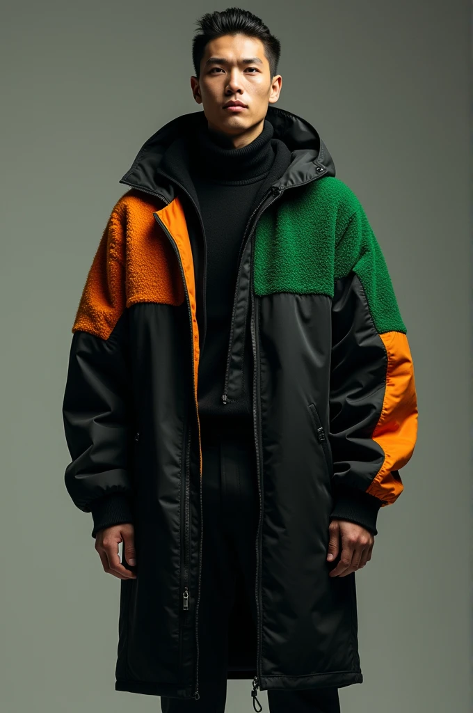 Propose moi un homme habillé en tout noir et avec une veste courte de couleur mélangé de vert noir et orange seulement sur lui