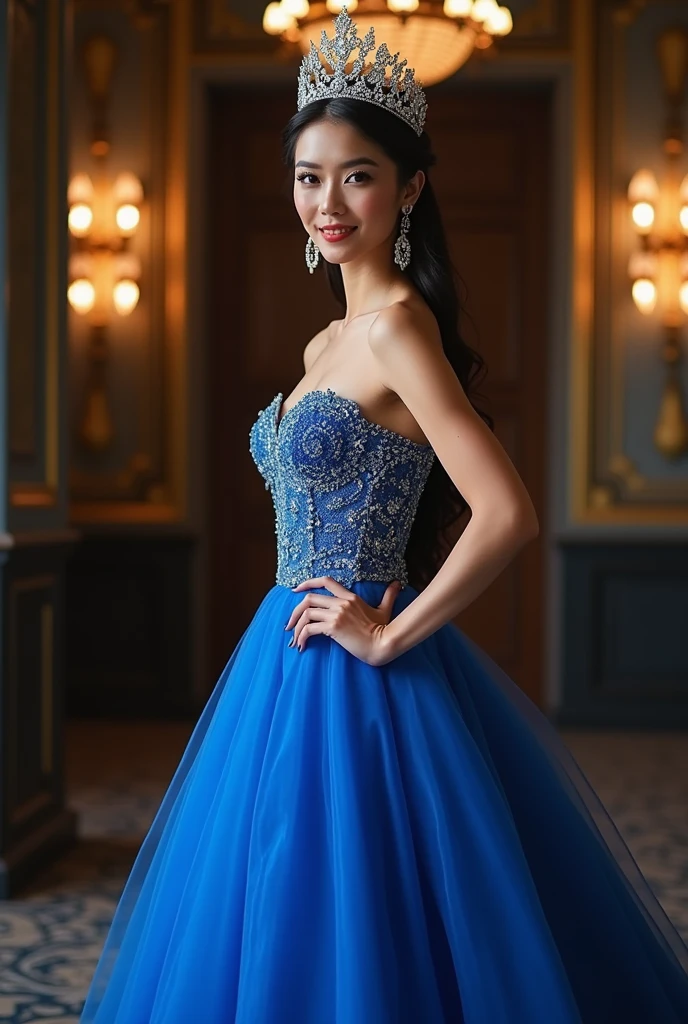 Create a glam shoot of Miss World Indonesia with her crown in blue gown