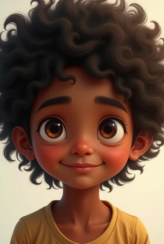 a young boy's face, brown skin, long, loose, curly black hair, brown eyes