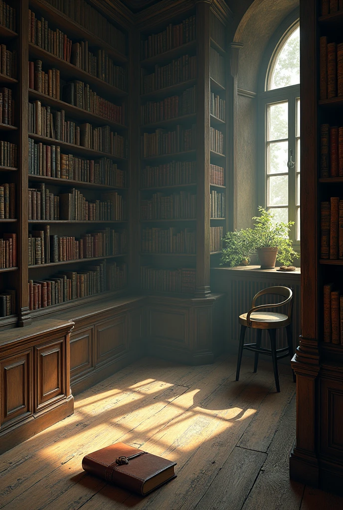 An old room with a wall of bookcases and an old notebook on the floor

