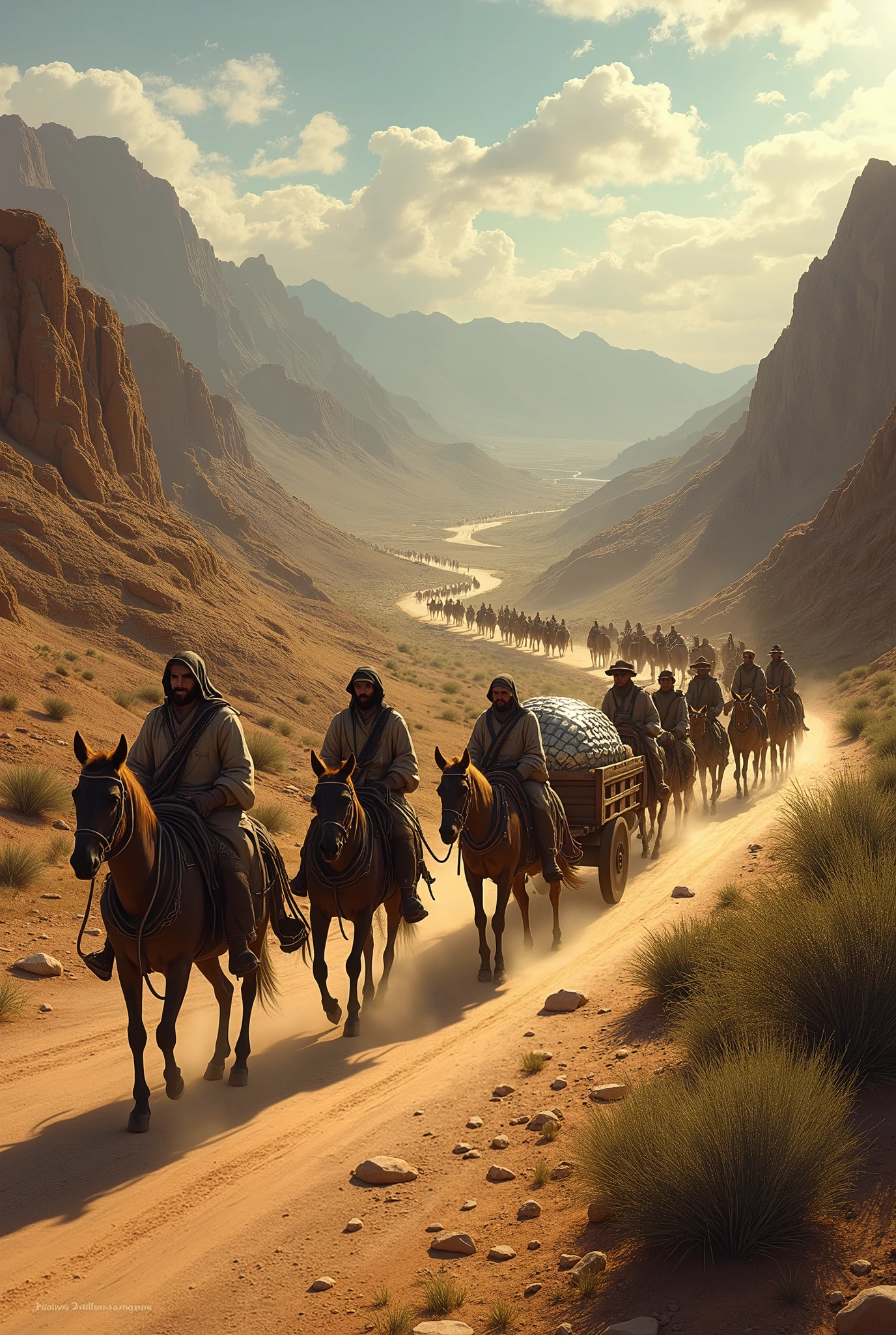 A caravan of mules and carts loaded with silver bullion, Walking the Silver Road under the scorching sun, surrounded by the vast Mexican landscape. 16th century