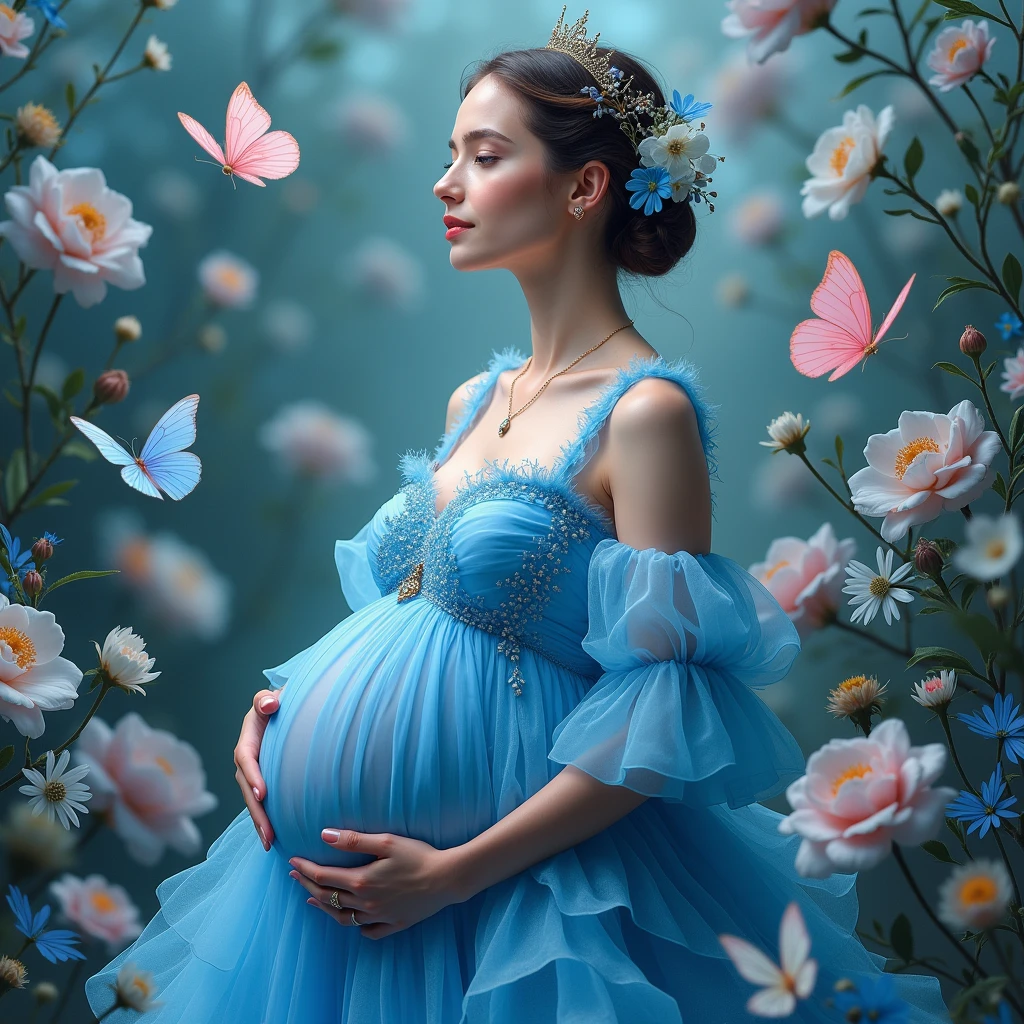 pregnant woman in a blue gown surrounded by flowers and butterflies, an album cover by Willie Ito, shutterstock contest winner, rococo, queen of flowers, official artwork, maternal photography 4 k, cover shot, promo image, flower queen, real photoshoot queen of oceans, with a blue background, portrait of queen of dreams, alternate album cover, promo shot, promo photo