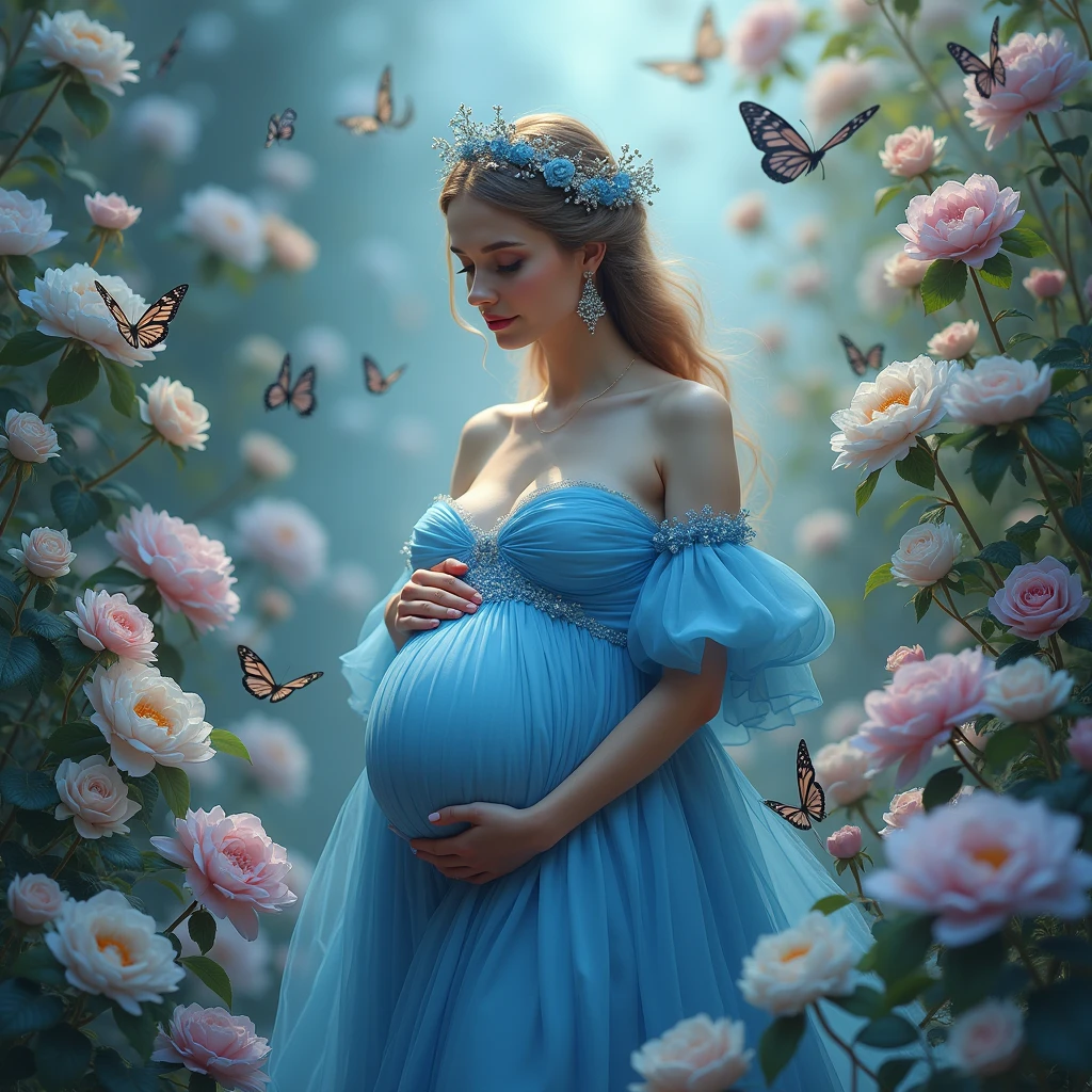 pregnant woman in a blue gown surrounded by flowers and butterflies, an album cover by Willie Ito, shutterstock contest winner, rococo, queen of flowers, official artwork, maternal photography 4 k, cover shot, promo image, flower queen, real photoshoot queen of oceans, with a blue background, portrait of queen of dreams, alternate album cover, promo shot, promo photo