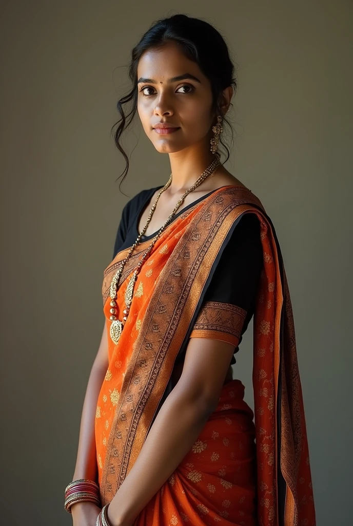 Tamil young aunty in saree standing straight look long photo