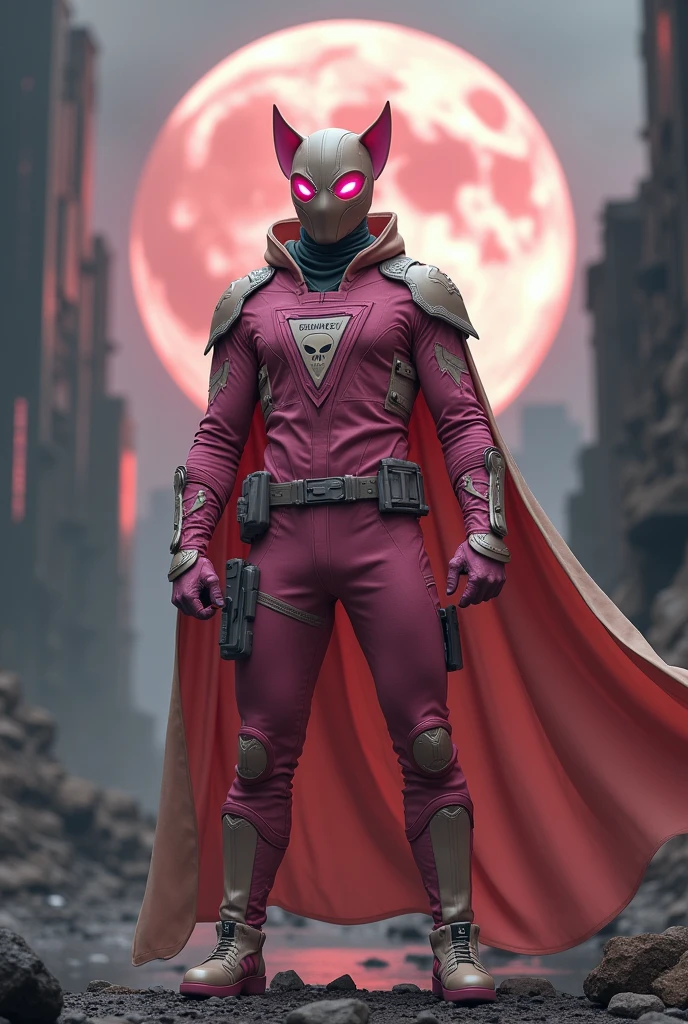 high-tech suit, vivid effects, malaysian superhero (KELUANG MAN) in a striking pink and beige costume cyberpunk design, mask small mini bat ear beige, daredevil biage mask, jumpsuit dark pink stands confidently in a dramatic, stormy landscape. ((Head covered node guard like batman , athletic body type, small mini ear bat mask))The character wears domino mask a helmet with pointed mini torn ears and a flowing cape biege, open nose and mouth. Equipped with visible futuristic weapons on a belt,bullet proof jacket pink dark day, dark night, big supermoon effect .logo on chest triangle shape small punisher logo center triangle cyber logo center on chest pink logo mini logo . rocky. Building top. , adding to --ar 3:4 --style raw --stylize 500 --v 6.1