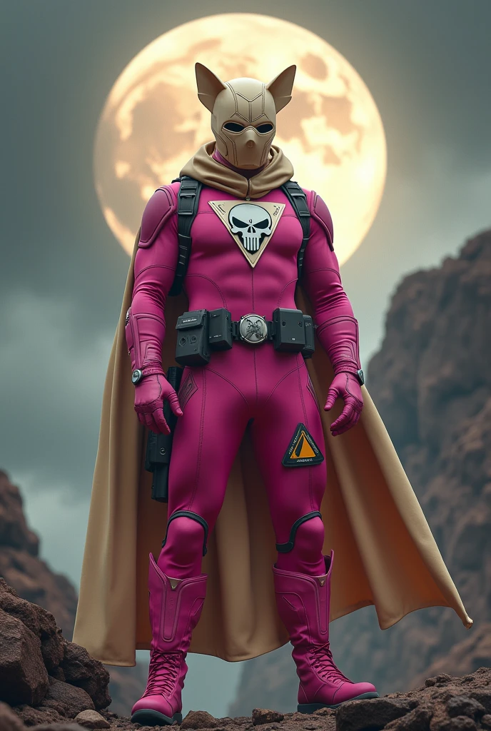 high-tech suit, vivid effects, malaysian superhero (KELUANG MAN) in a striking pink and beige costume cyberpunk design, mask small mini bat ear beige, daredevil biage mask, jumpsuit dark pink stands confidently in a dramatic, stormy landscape. ((Head covered node guard like batman , small mini ear bat mask))The character wears domino mask a helmet with pointed mini torn ears and a flowing cape biege, open nose and mouth. Equipped with visible futuristic weapons on a belt,bullet proof jacket pink dark day, dark night, big supermoon effect .logo on chest triangle shape small punisher logo center triangle cyber logo center on chest pink logo . rocky. Building top. , adding to --ar 3:4 --style raw --stylize 500 --v 6.1