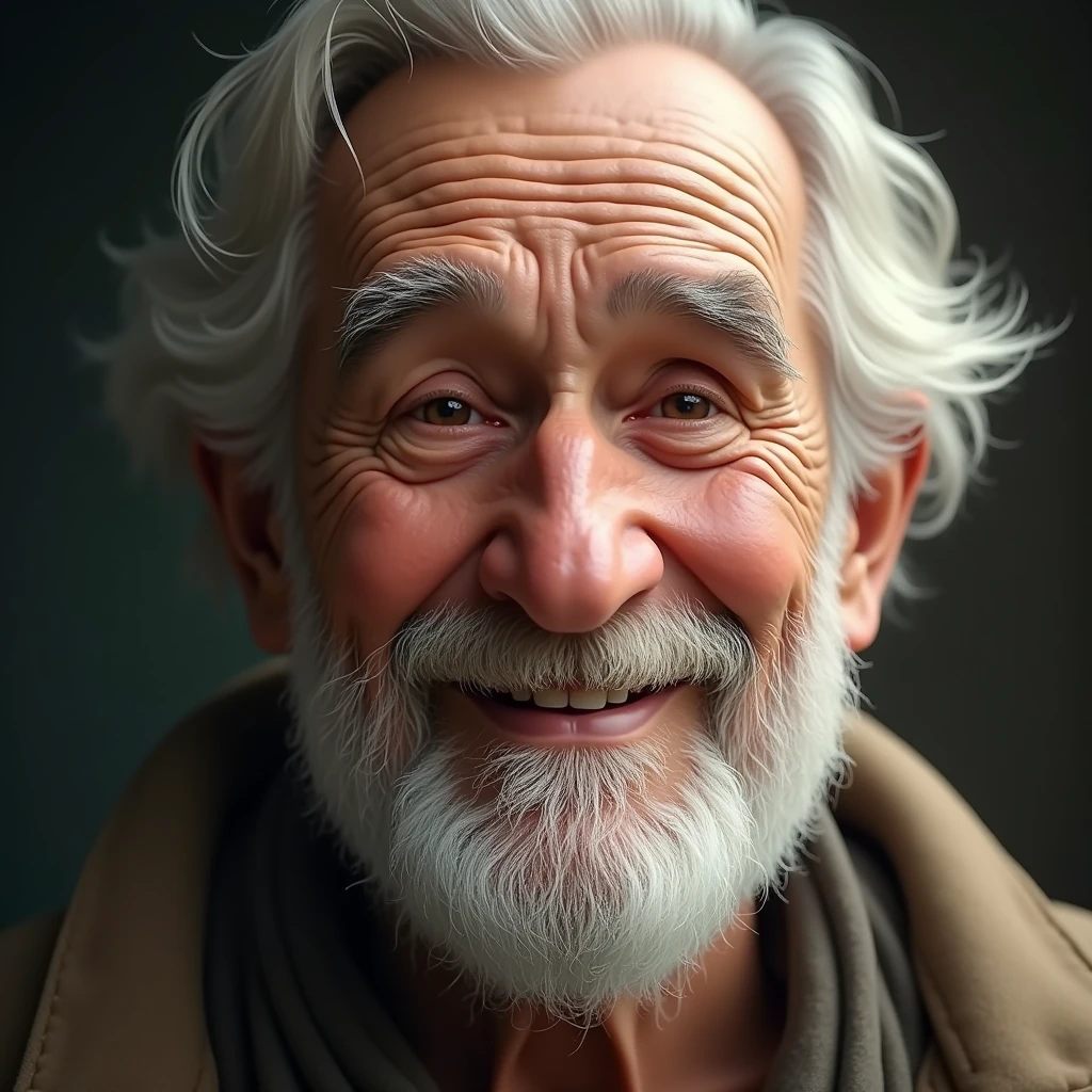 Smiling old man(Close-up of face): "Create a realistic close-up image of an elderly man's face with white hair and a soft beard, his lips curled into a gentle, knowing smile. His eyes are slightly narrowed, with a twinkle in them suggesting a life full of stories. The background is softly blurred, highlighting the serene and comforting expression on his face."