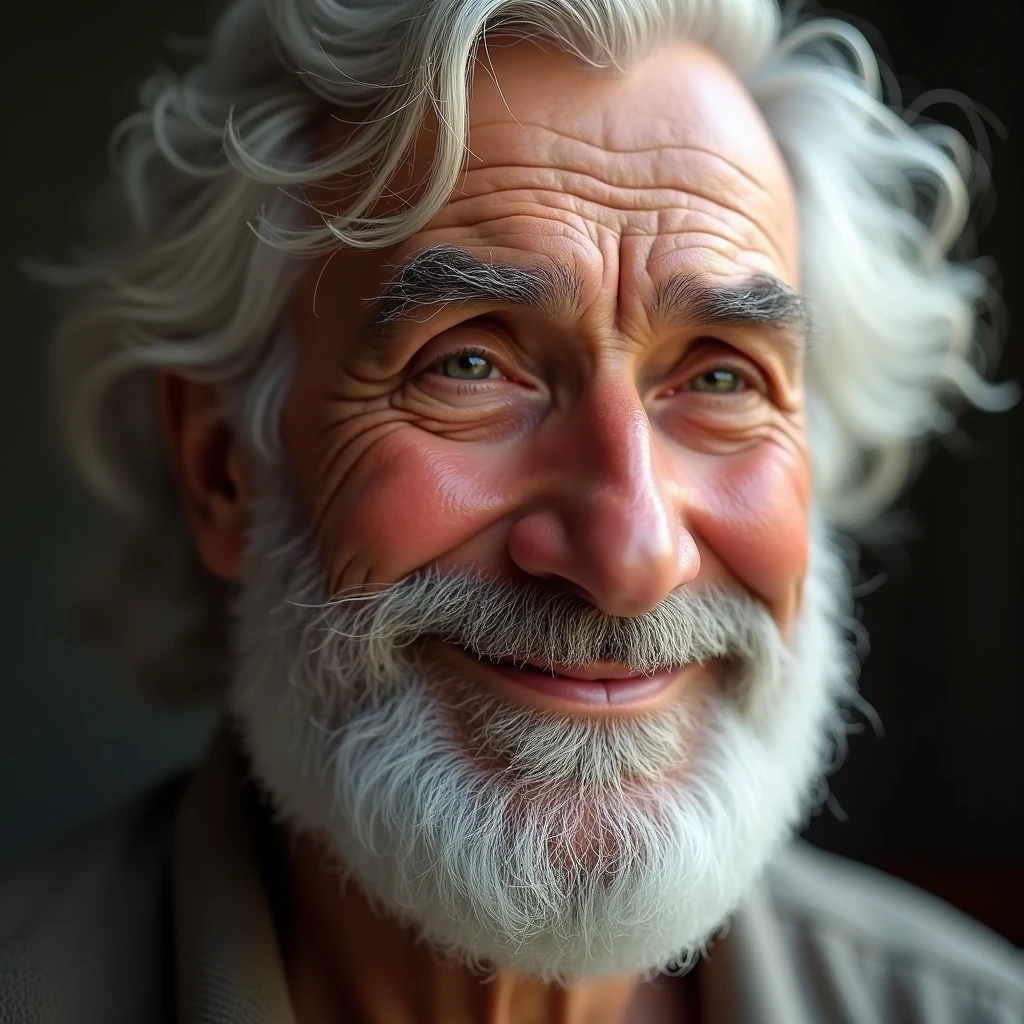 Smiling old man（Close-up of face）: "Create a realistic close-up image of an elderly man's face with white hair and a soft beard, his lips curled into a gentle, knowing smile. His eyes are slightly narrowed, with a twinkle in them suggesting a life full of stories. The background is softly blurred, highlighting the serene and comforting expression on his face."