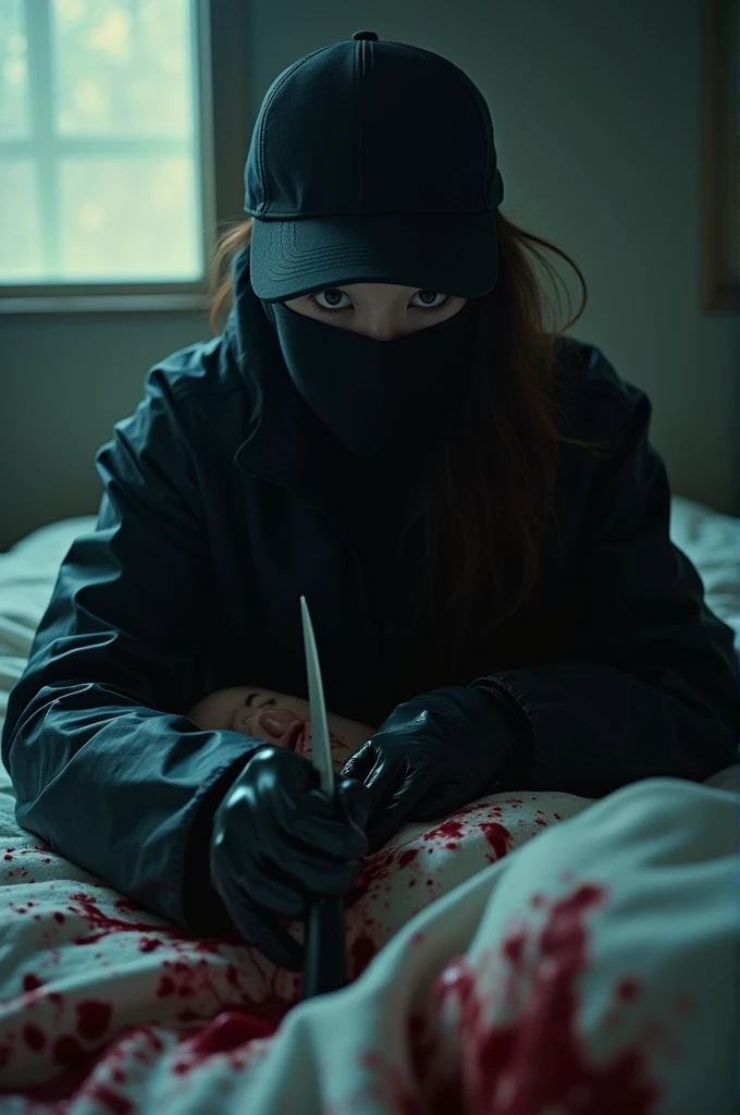 korean girl, (behind stiff, holding knife), stabbing, black balaclava mask, black gloves, girl's room, black raincoat, trucker hat, bloody knife, black gloves, woman on top, behind cadaver, blood splatter, on the bed, looking at viewer, girl only, mass murderer, killer, blood splatter, dark atmosphere, cinematic lighting, atmospheric realistic, light from the window, close-up,