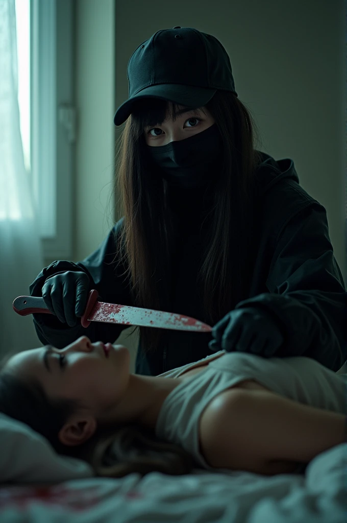 korean girl, (behind stiff, holding knife), stabbing, black balaclava mask, black gloves, girl's room, black raincoat, trucker hat, bloody knife, black gloves, woman on top, behind cadaver, blood splatter, on the bed, looking at viewer, girl only, mass murderer, killer, blood splatter, dark atmosphere, cinematic lighting, atmospheric realistic, light from the window, close-up,
