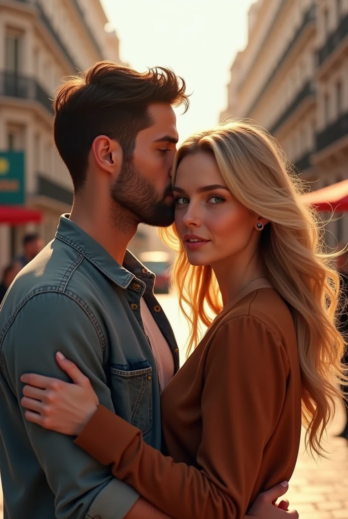 A couple he brown hair and eyes she blonde long hair green eyes hugging in Madrid 8k ultrarealistic photorealistic