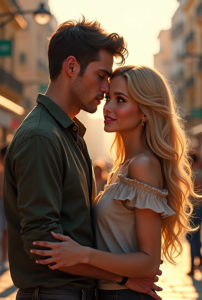 A couple he brown hair and eyes she blonde long hair green eyes hugging in Madrid 8k ultrarealistic photorealistic