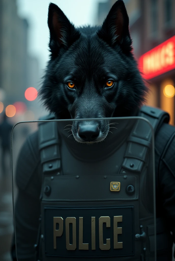 Create a black dogs-faced man. he wore a bulletproof vest with police inscriptions and took cover with a Riot Shield. He is a member of the North Eastern cartel. his face looked calm.