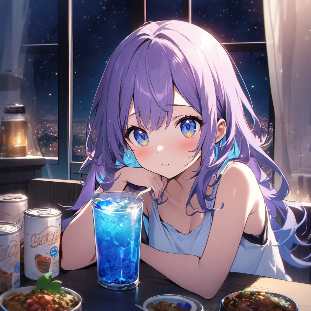 masterpiece、Highest quality、Thematic Depth、２D illustration、1 beautiful girl、solo, (((Littleスタイル)))、((night)), ((window)), ((Starry Sky)), Beautiful Hair、光沢のあるPurple Hair、cute、Beautiful and detailed eyes、((Tank top))、A glass of blue soda, ((colorful))、mile))、((Canned Chuhai)), ((Close-up shot))、((Eat curry)), ((In the room))、((There&#39;There&#39;s lots of pink all around))、Thighs、((Bright colors))、Shine、((Lens flare))、akira toriyama style, Kawaii Design, The most beautiful girl of all time、Little, play together, Beach, summer, Swimwear, ((Highest quality)), ((masterpiece)), (detailed), Perfect Face, Perfect Arms, Perfect hands, Perfect Fingers, anime, Ultra-fine Illustration, ((one person&#39;s)), Little, cute, round glasses, two side up, violet eyes, violet hair, long hair, hair ornaments, {(Orange gingham check), (タンキニSwimwear)}, Ocean, (Riding a float), summer, sunny, sun, Outdoor, (smile:1.3), Cowboy Shot, twin tails, Purple Hair, Purple eyes