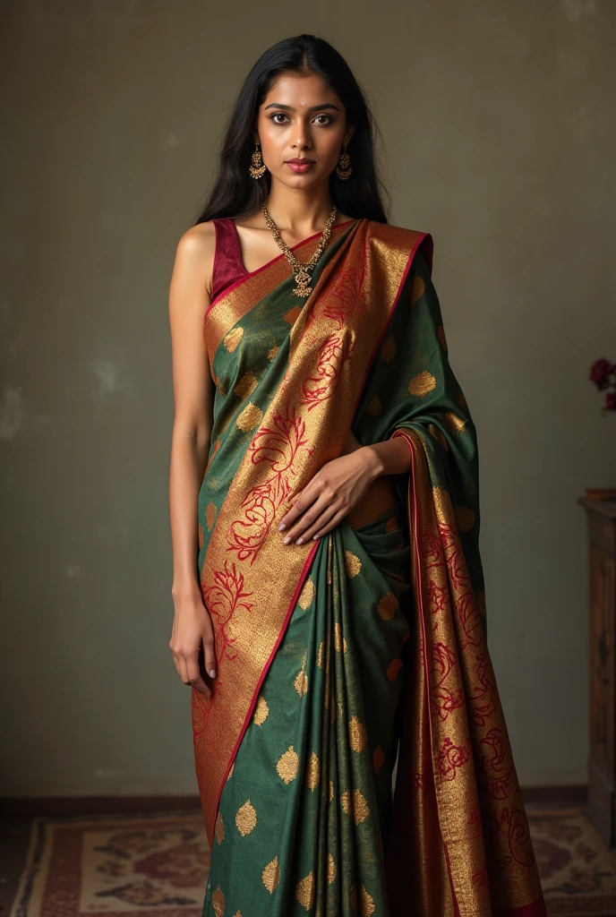 Tamil  young aunty in saree  standing straight look long photo 