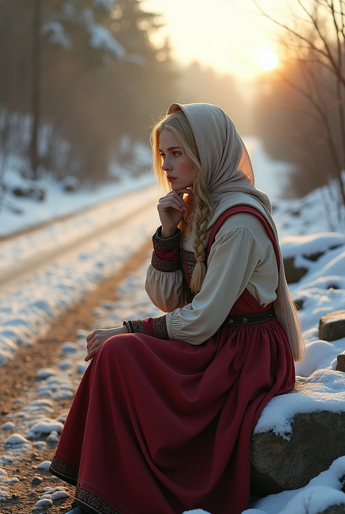 traditional russian woman clothes, hands on chin, outdoors, snow, beautiful sun rays, blonde, young, braid, large , no makeup, beautiful, snow, sitting on a rock on the side of the road (rural, dirt, rocks, stones, trees)