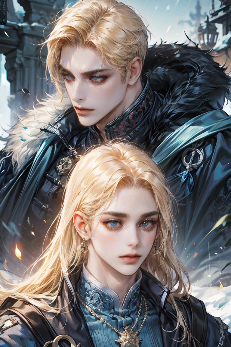 absurdity, high resolution, very detailed, HDR, masterpiece, realism, realist, 40 year old adult male, rasgos muy masculines, Serious, very detailed 얼굴과 눈, semi long straight hair, blond hair, bushy eyebrows, around, Angry eyebrows, Expressive blue eyes, rasgos masculines, detailed eyes, Looking at the audience, 1 person, viking style clothing, masculine, blue clothes con abrigo de piel blanco, Snowy background, White skin, viking necklace, blue clothes, white earrings, Wizard&#39;s medallion, Well-groomed hair, Complete Plan, Strong chest, realism magico, masculine, men&#39;cloth, vivid colors, Fotorrealist, 8k, best quality, high resolution, movie lights, intricate details, snow background.