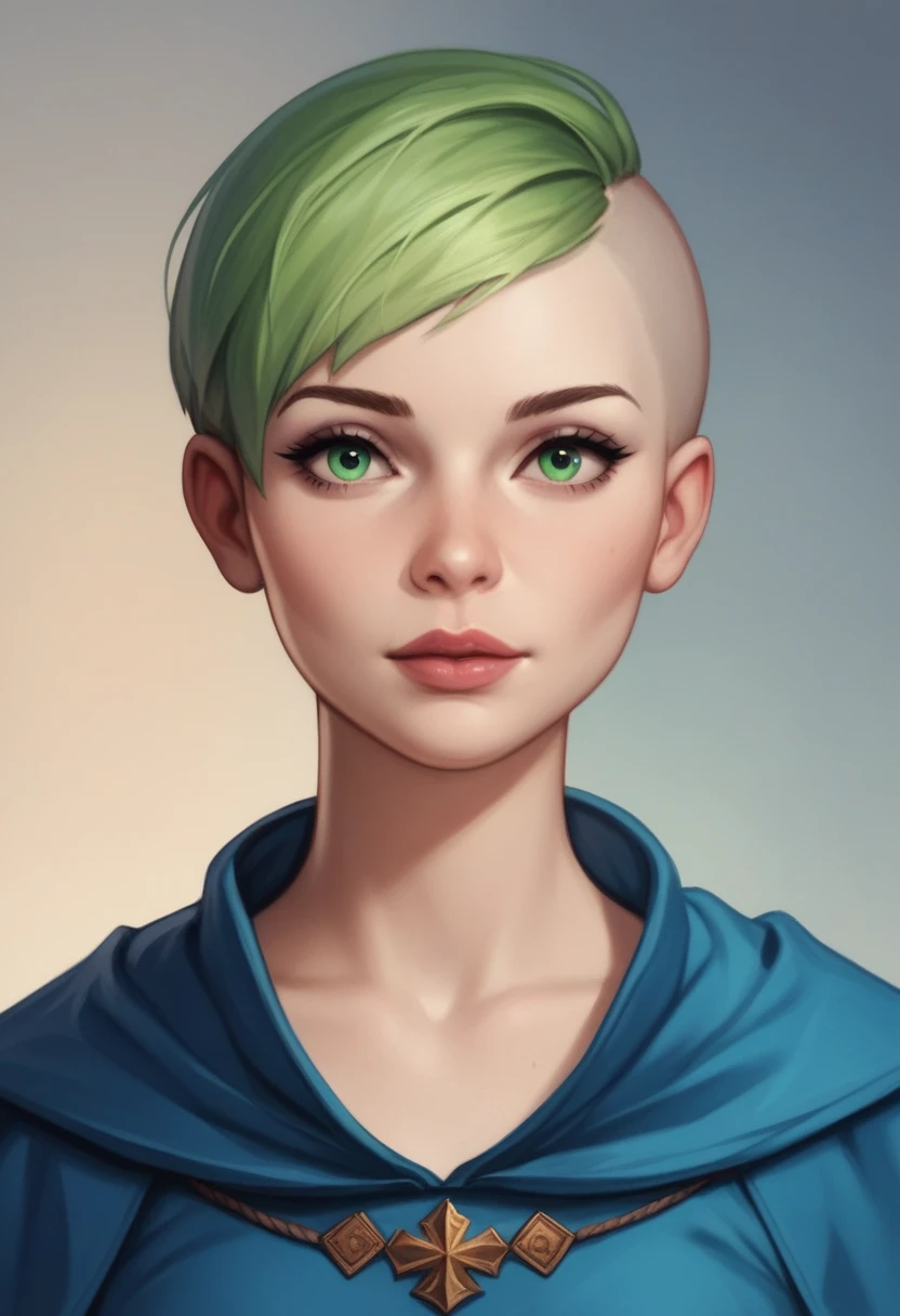 a French woman short blond bowl cut, green eyes, pale skin, slim and slender build, tall, sweet face, stylized none,long tunic night blue outfit,with golden and red touches, heroic fantasy medieval, mage,wide open and menacing eyes, a powerful magical aura, comics , sketch,realistic