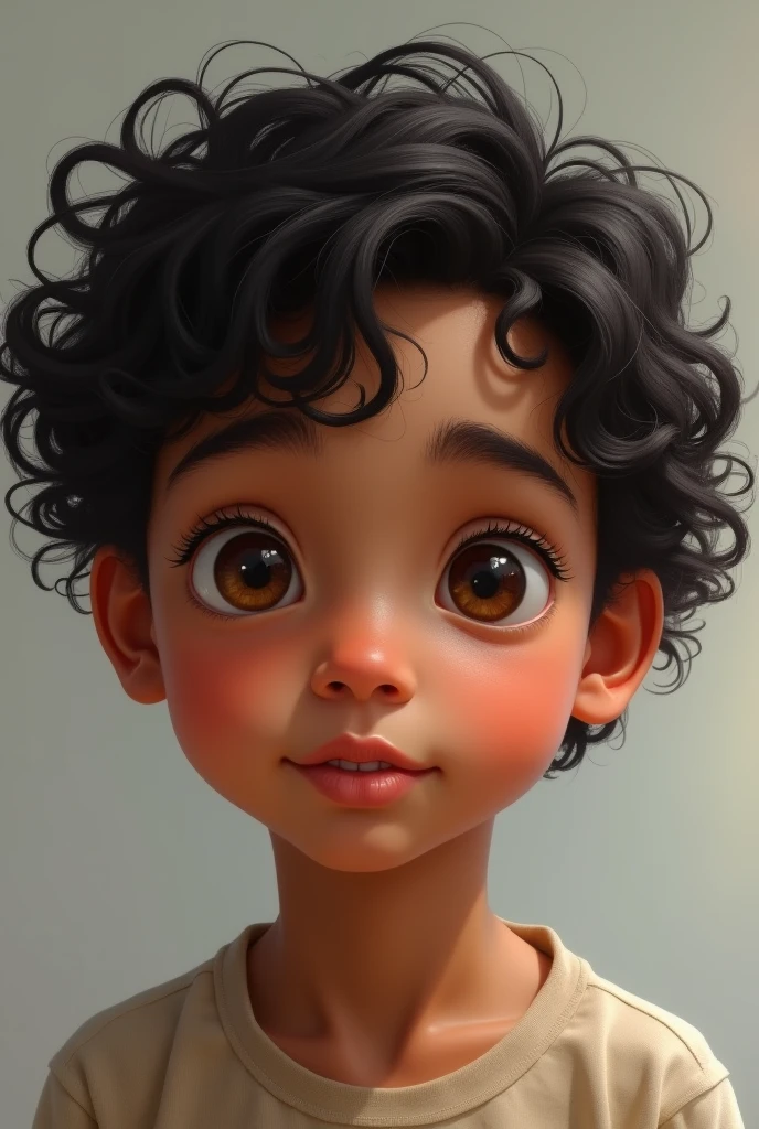 a young boy&#39;s face with brown skin, long loose curly black hair, brown eyes in a realistic way 