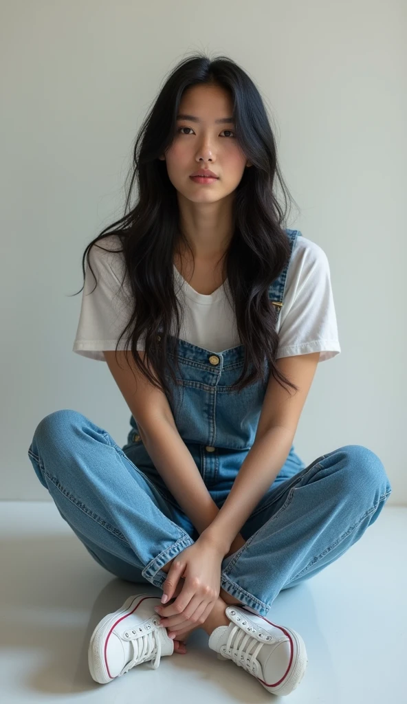 - She has long black hair styled in a natural wavy hairdo.
- She wears a shirt and blue denim overalls.
- On his feet he wears sneakers.
- He is seen in a relaxed sitting posture, hands folded and upper body slightly tilted.
- The natural expression on her face creates a calm and relaxed atmosphere.
- Overall, the photo has a simple, clean look.